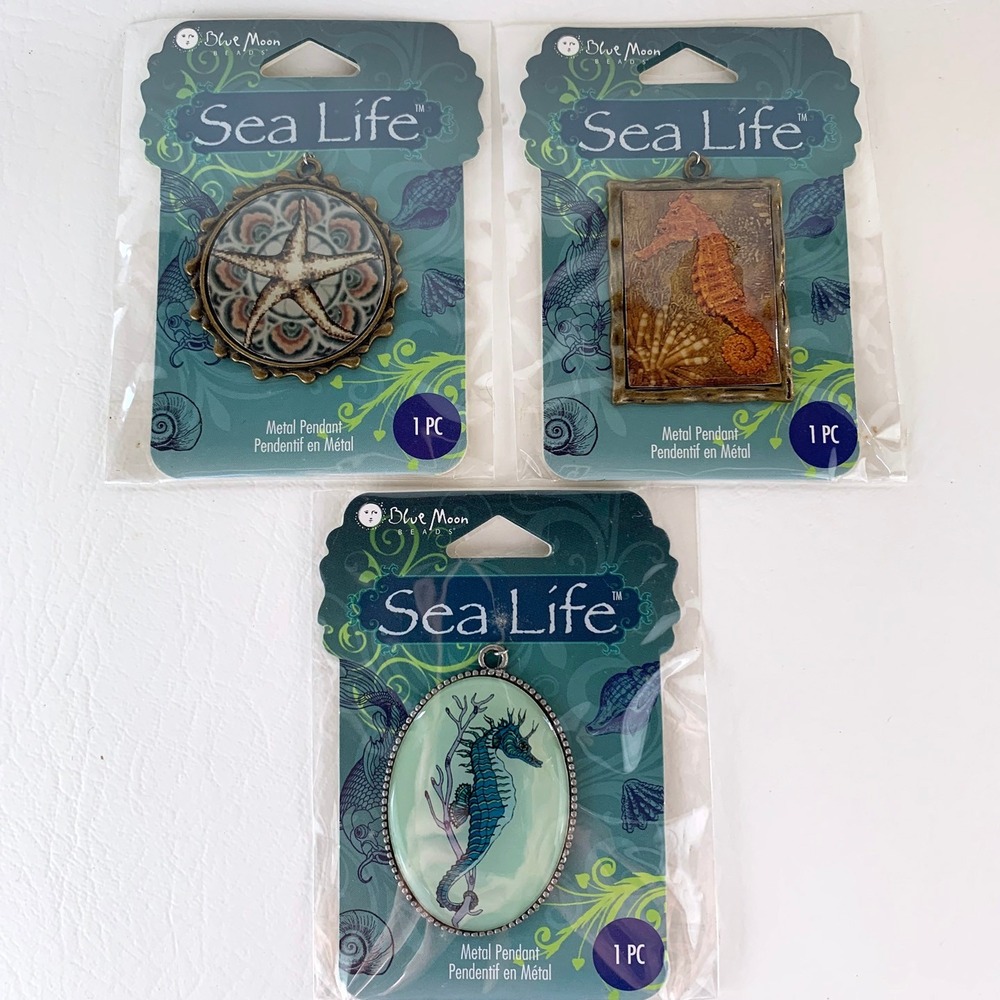 Blue Moon Beads Sea Life Pendant Lot Seahorse Starfish Metal Epoxy Set of 3 New